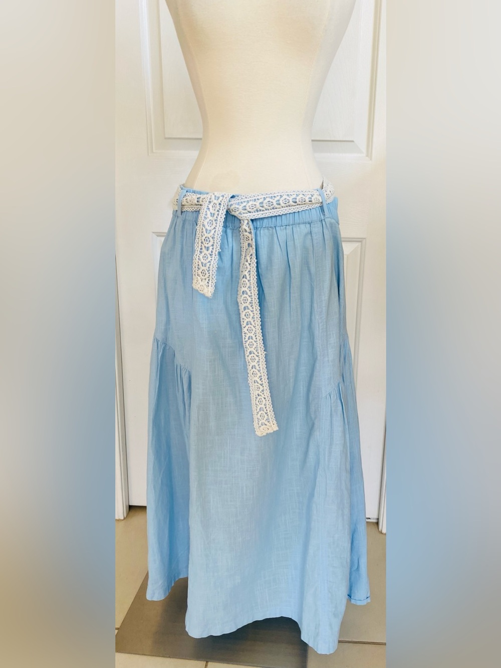 Light Blue Tiered A-Line Skirt with Lace Tie Belt